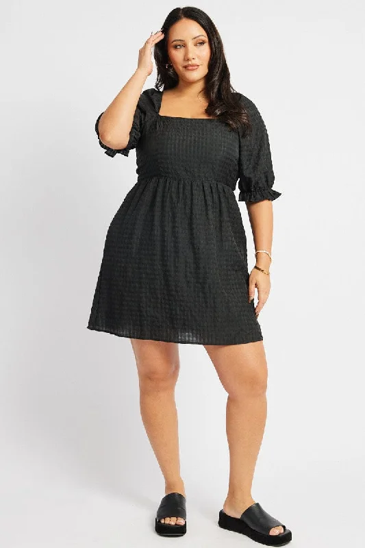 Limited Time Flash Sale Black Check Babydoll Mini Dress