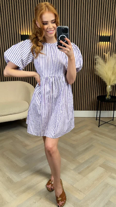 New Styles Just In Lee Lilac & White Striped Puff Sleeve Smock Mini Dress