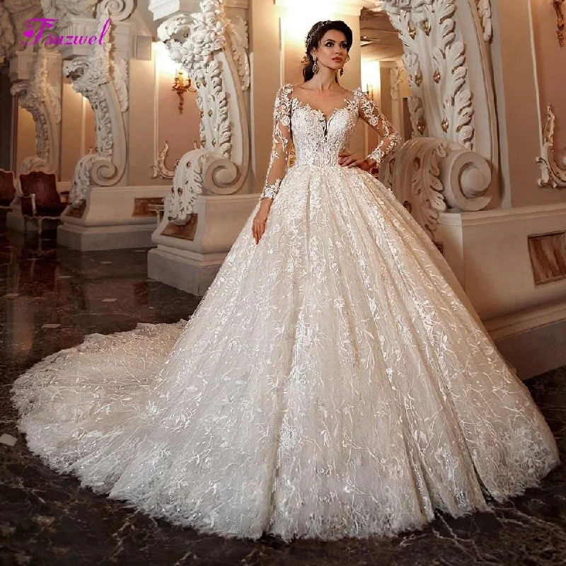 Modern Chic Discounts Gorgeous Chapel Train Lace Scoop Neck Long Sleeve Beaded Princess Bride  Ball Gown Wedding Dress