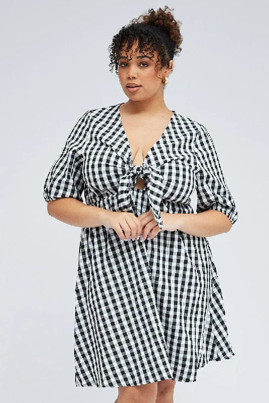 Hot Styles Black Check Mini Dress Tie Gingham Puff Sleeve