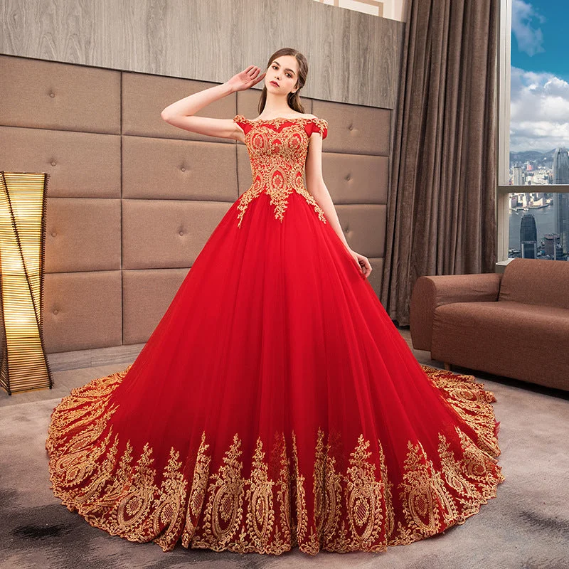 Limited Time Appliqued Gold Lace Off Shoulder Ball gown wedding Evening pattern Red Muslim Asian European American Traditional dress