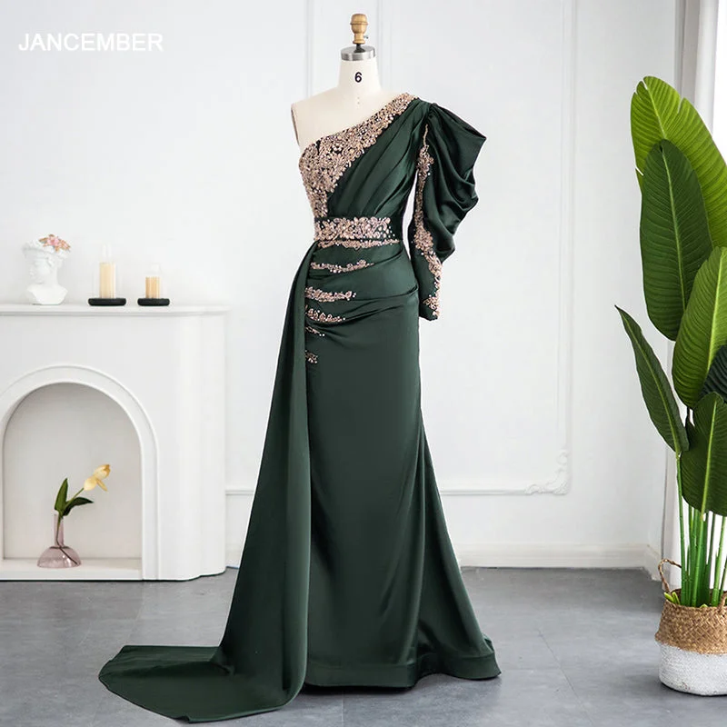 Easy Elegance Sales Lscz156 Emerald Green One Shoulder Mermaid Evening Dress Long Sleeve Beaded Elegant Women Formal Prom Dresses For Wedding Party