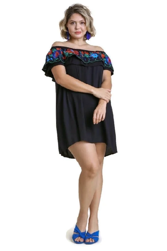 Classy Style Discounts Floral Embroidered Ruffled Dress, Black