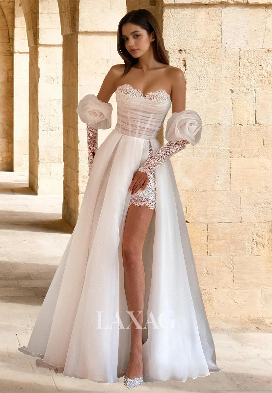 Huge Price Cut Sweetheart Lace Long-Sleeves Bride Gowns Off-Shoulder Pleated Tulle A-Line Wedding Dress with High Slit