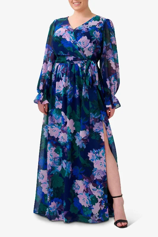 Flash Sale Adrianna Papell AP1E210216 W Long Sleeves Side Slit Long Floral Dress