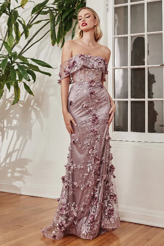 Exclusive Sale Cinderella Divine J832 Long Floral Fitted Long Prom Dress Mauve