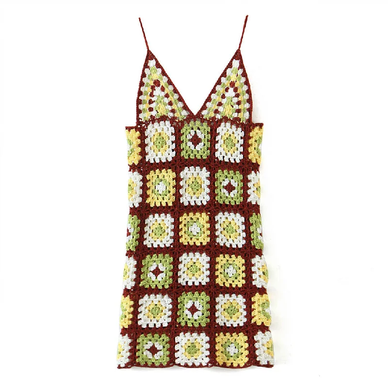 Premium Style Offers Crochet Knit Granny Square Patterns Slip Mini Dress - Burgundy