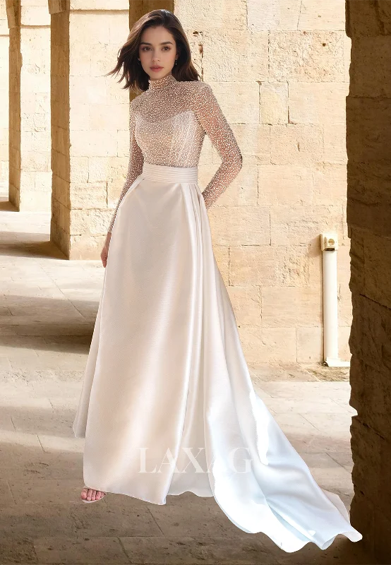 Explore What'S New High Scoop-Neck Long-Sleeves A-Line Wedding Dress Beaded Pleated Satin Sweep Train Bride Gowns