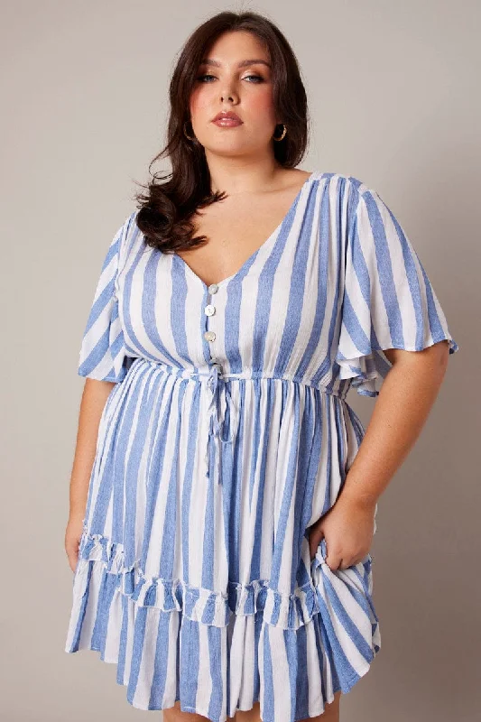 Sophisticated Fashion Blue Stripe Button Through Frill Mini Dress