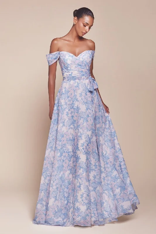 Fashion Forward Femininity Cinderella Divine 7441 A Line Long Formal Floral Print Prom Dress