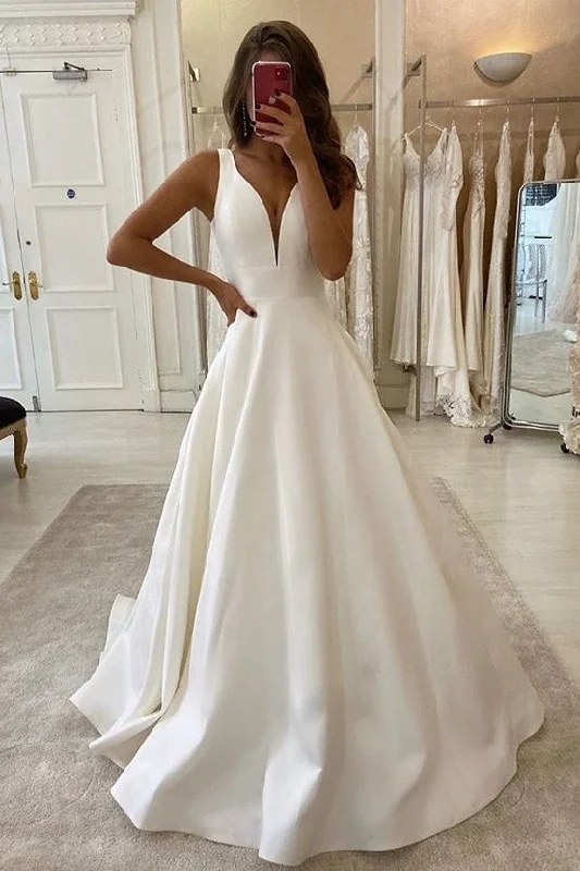 Hot Deals New Arrival V-Neck Ivory A Line Prom Dresses Beach Wedding Dresses Y0025