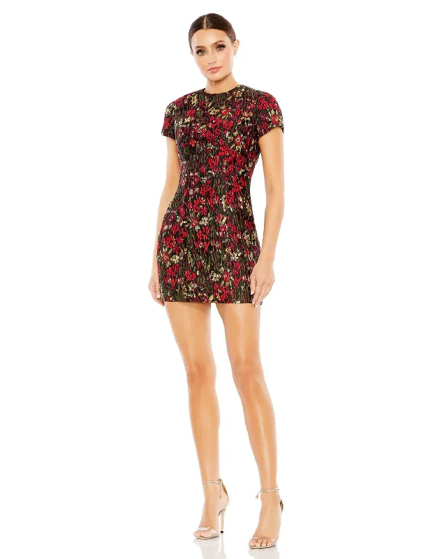 Trend Leading Collection Mac Duggal 11613 Short Cap Sleeve Floral Brocade Fitted Mini Dress