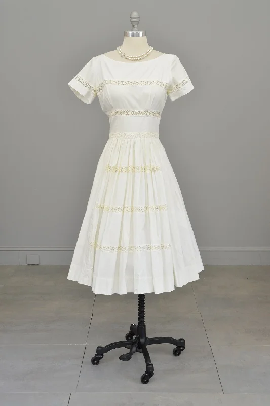 Absurdly Cheap Sale 1950s 60s White Eyelet Fit and Flare Wedding Party Dress | Vintage Wedding