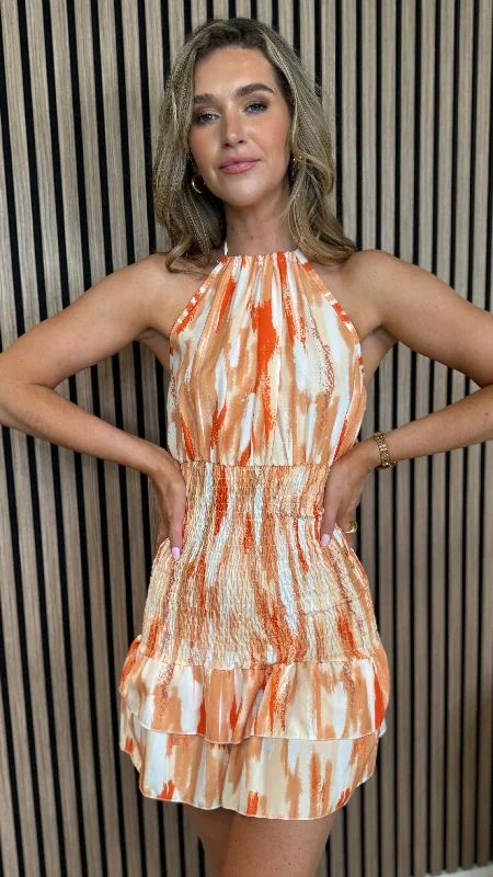 Don't Miss Out Teagan Orange Printed Frill Detail Halterneck Mini Dress