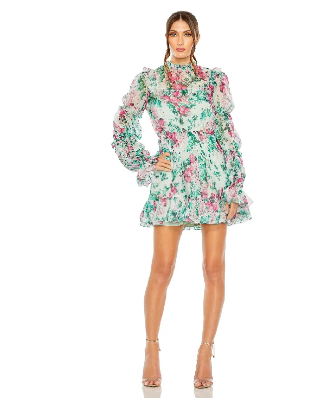 Romantic Fashion Discounts Mac Duggal 56008 Floral Long Sleeve Cocktail Mini Dress