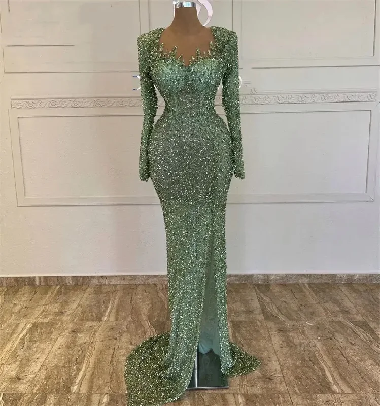 Urban Fashion Luxury Sequined Evening Dresses Mermaid Beads with Long Sleeve Women Green Formal Prom Graduation Party Gowns for Wedding