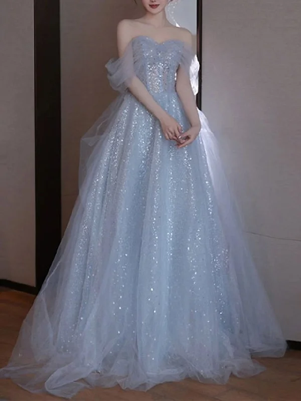 The Latest Trends A-Line Evening Dress Elegant Off Shoulder Tulle Sequins Prom Dress Wedding Dress Y7626