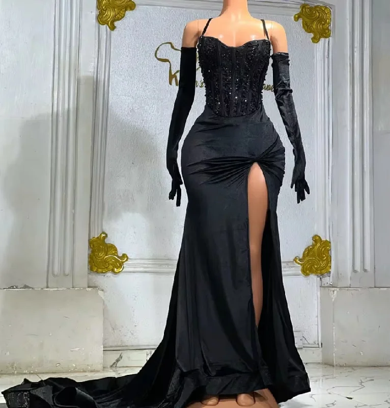 Huge Markdowns African Black Spaghetti Beaded Shinny Evening Dresses Corset Fish Bones Mermaid Formal Dress Wedding Reception Gowns Engagement