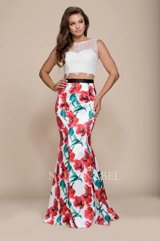 Fashion Forward Long High Neck Two Piece Dress With Floral Print Skirt