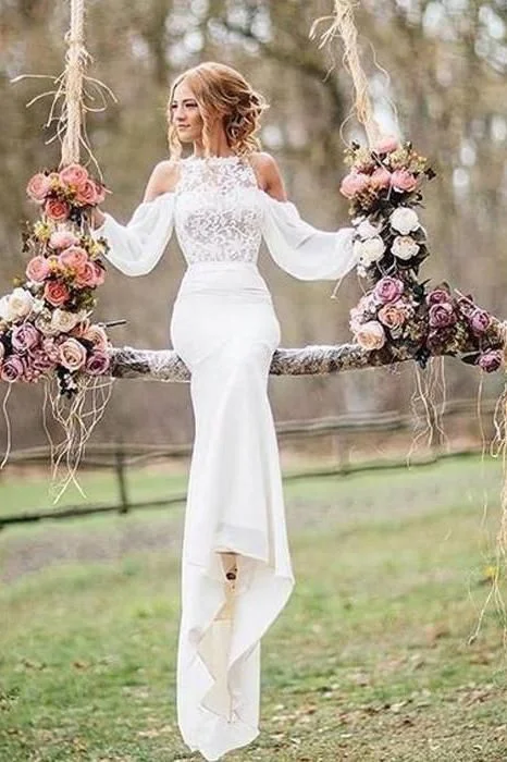 Relaxed Style Unique Design Lace Top Long Sleeves Mermaid Long Wedding prom Dress cg2904