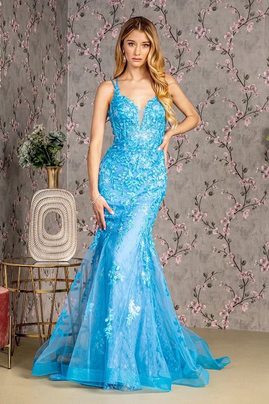 Relaxed Style Floral Embroidery Sequin Sheer Bodice Mesh Mermaid Long Prom Dress GLGL3333