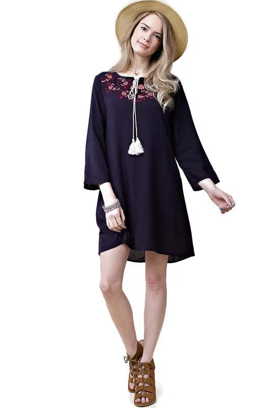 Seasonal Fashion Floral Embroidered Shift Dress, Navy