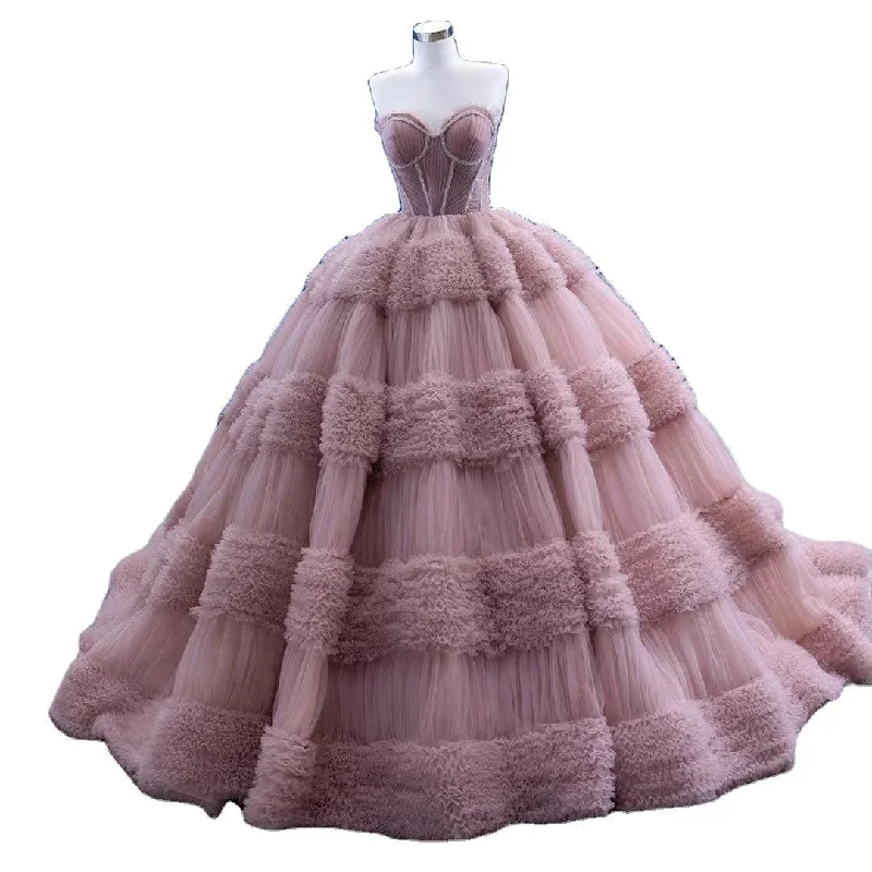 Fashion Sale Pink Sleeveless Tiered Wedding Bridal Dress