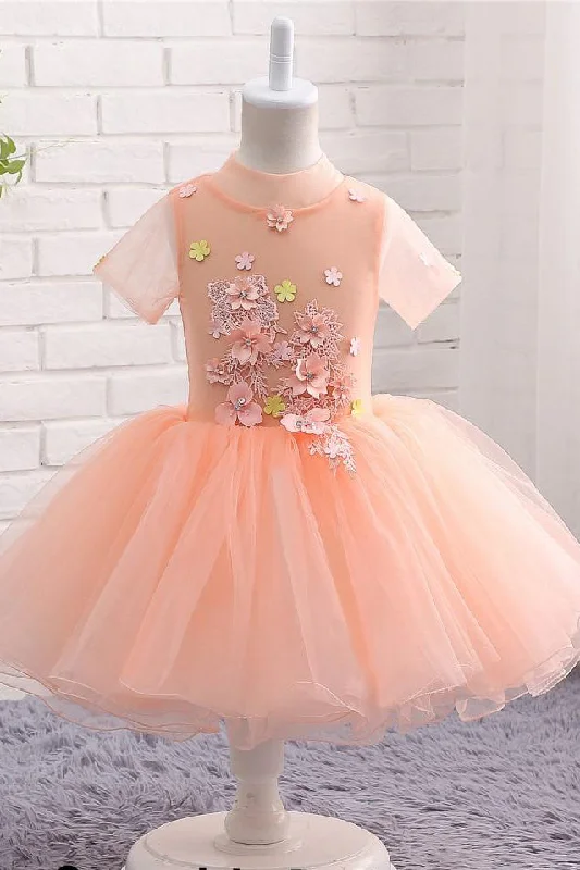 Don't Miss Out Cute Peach Short Flower Girl Dresses For Weddings High Neck Short Sleeves Dresses F062