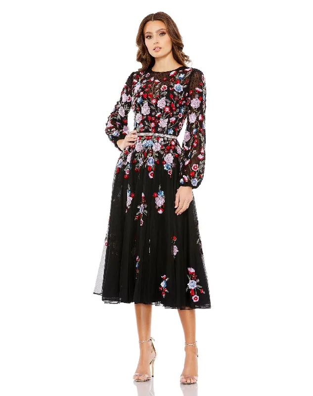 Smart Casual Deals Mac Duggal 5712 Long Sleeve Floral A Line Cocktail Midi Dress