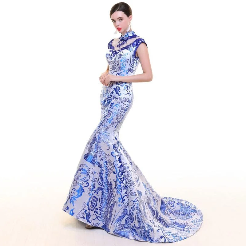 Statement Fashion Offers Blue And White Cheongsam Halter Modern Qipao Oriental Evening Vintage Wedding Dress