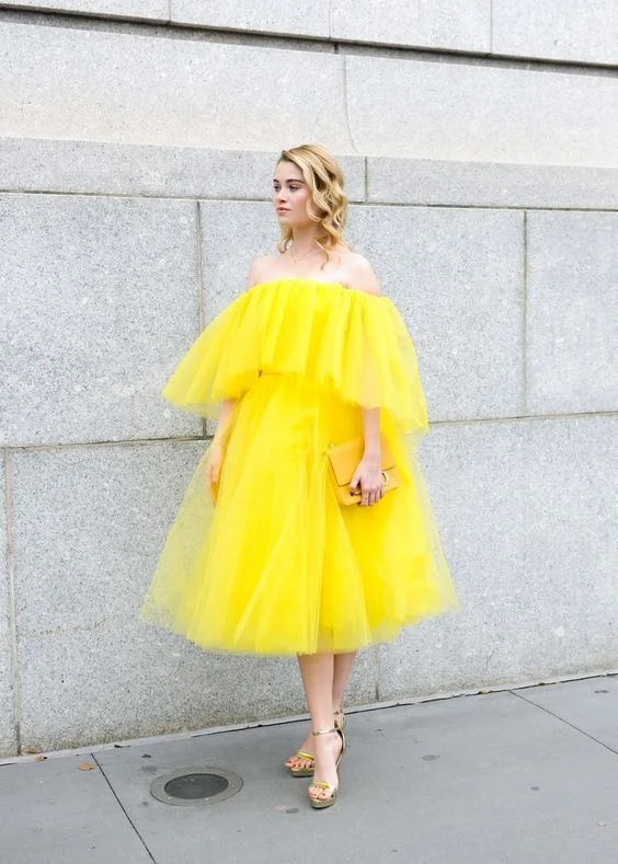 Limited Time Deal Yellow Prom Dress,Tulle Prom Gown, Short Prom Dress,Off the Shoulder Wedding Gown  cg9453