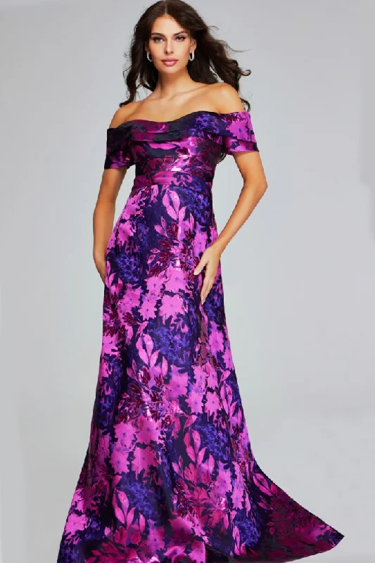 Forward Trendsetter Jovani 42506 A Line Long Formal Floral Metallic Evening Dress