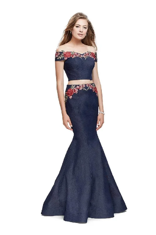 Fashion-Forward La Femme - 25924 Off The Shoulder Floral Print Denim Gown