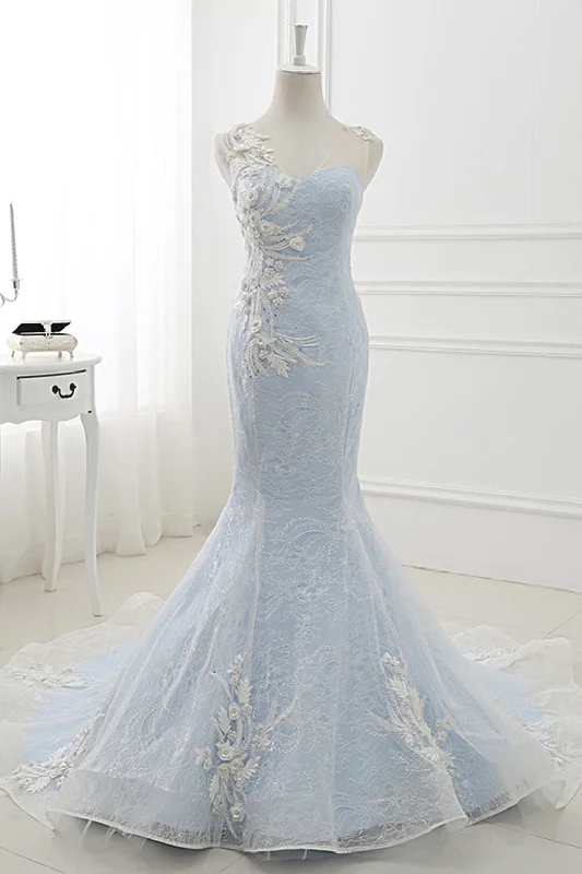 New Styles Just In Gorgeous Mermaid Blue Sweep Train Lace Appliques Wedding Dresses