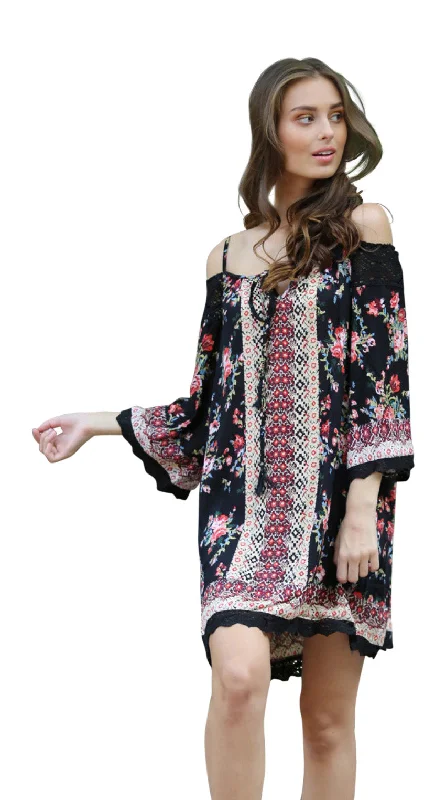 Trendy Women'S Wear Collection Floral Twin Print Cold Shoulder Dress, Black