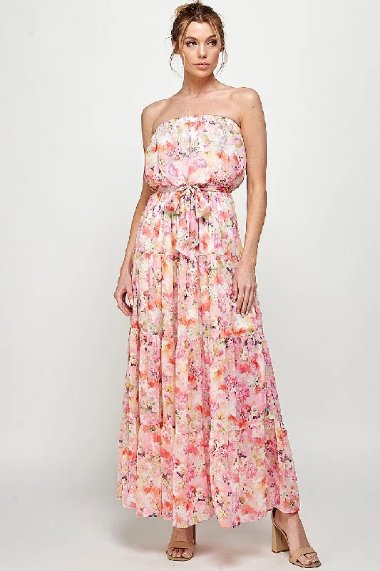 Gift Ideas Long Strapless Floral Print Maxi Dress