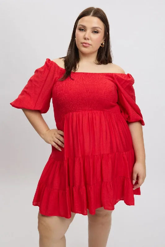 Fashion Deal Red Shirred Bodice Puff Sleeve Tiered Mini Dress