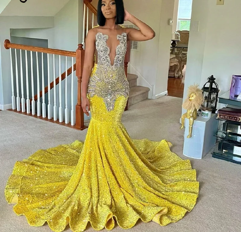 Seasonal Trends Sparkly Yellow Mermaid Prom Dress Beads Crystal Rhinestones Graduation Party Dress Birthday Wedding Reception