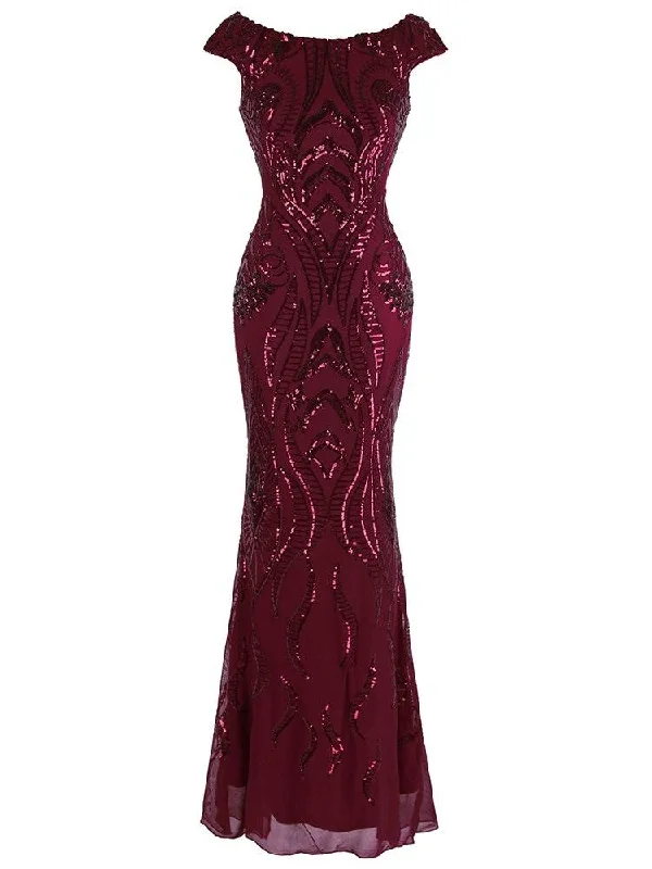 Flash Sale Starts Women's Vintage Mermaid Hem Evening Dresses Sequin Cap Sleeve V Neck Back Wedding Party The Mother Of Bride Gown