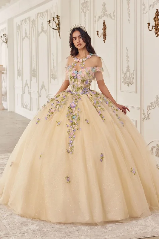 Fashion Deal Cinderella Divine 15724 Long Quinceanera Floral Cape Ball Gown