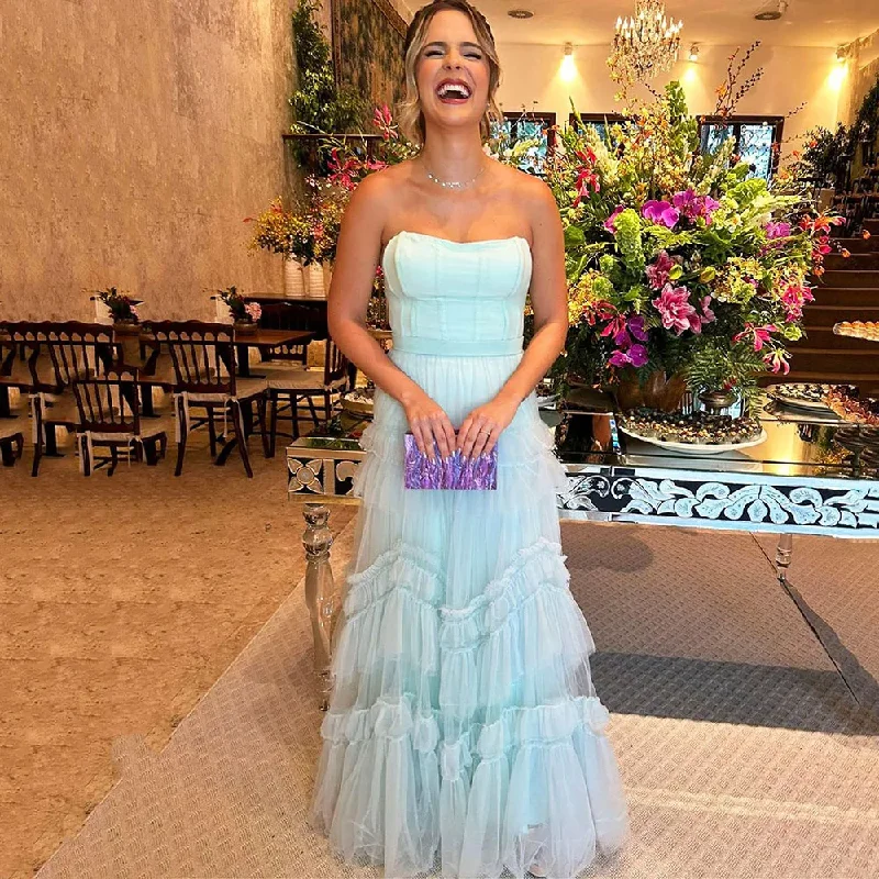 Trendy Women'S Wear Collection Sky Blue Long Evening Dresses For Wedding Party A Line Night Banquet Gowns Tiered Formal Occasion Dress Robe de soirée