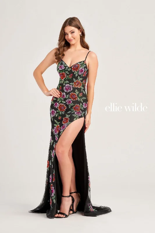 Premium Style Offers Ellie Wilde EW35069  Fitted Long Formal Floral Beaded Prom Gown