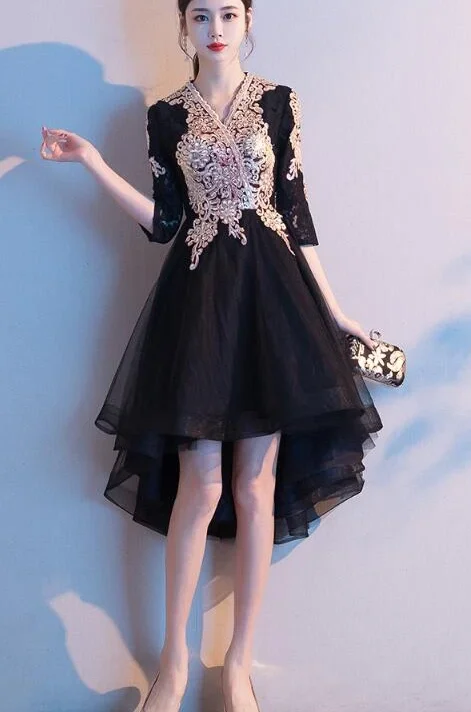 Durable Fashion Picks Black Tulle High Low Dress With Lace Applique, Short Wedding Party prom Dress   cg10943