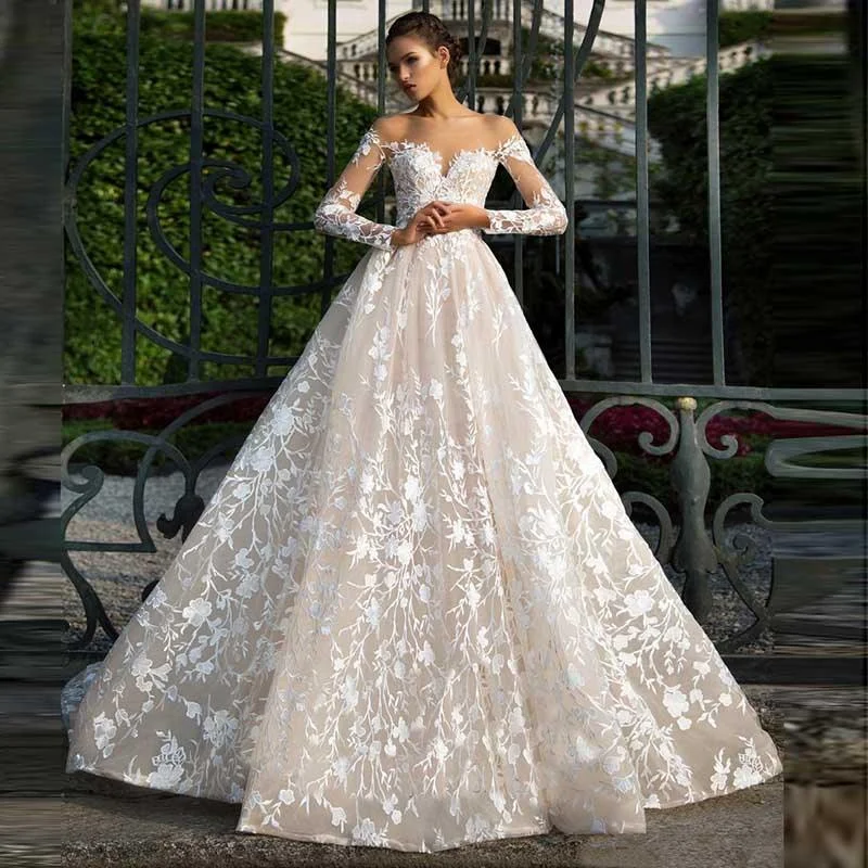 Fresh Fashion Discounts Illusion Neckline Long Sleeves Lace Tulle Backless High Quality Bridal  Wedding Dress