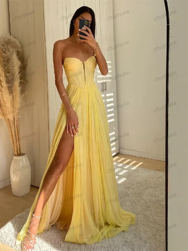 Quick Grab Deals Yellow Chiffon Prom Dresses Strapless A line Side Split Wedding Dress Customized Sleeveless Floor-length