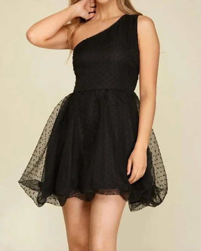 Urban Fashion One Shoulder Polka Dot Organza Mini Dress In Black