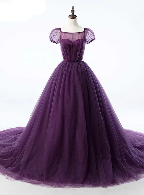 Valentine's Special Purple Ball Gown Tulle Short Sleeve Backless Train Wedding prom Dress   cg10177