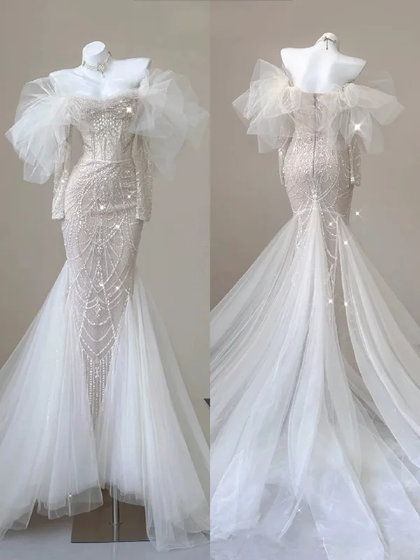 Chic Style Discounts Stunning Off Shoulder Long Sleeves Beading Mermaid Wedding Dress Evening Gown, D469