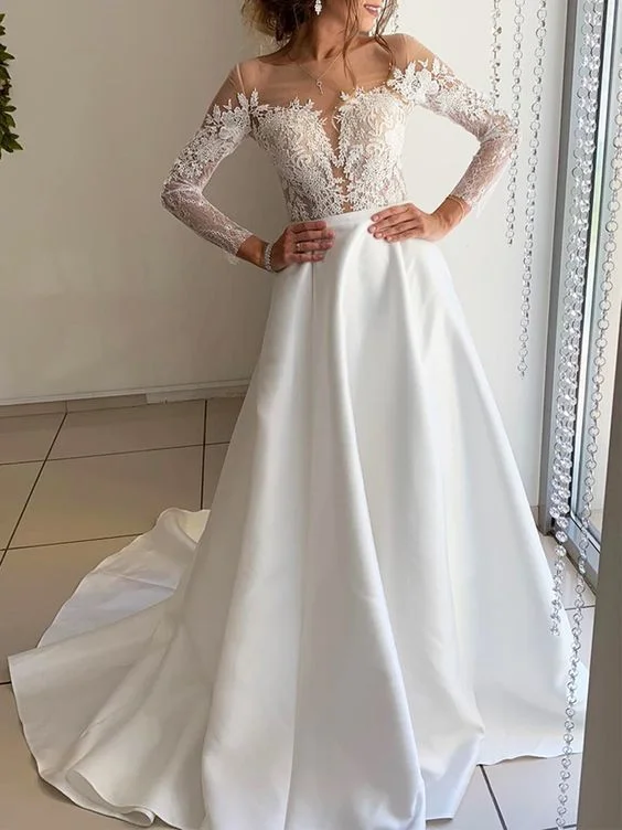 Trendy Women'S Wear Collection Elegant Long Sleeve White Satin Lace Wedding prom Dresses   cg11375