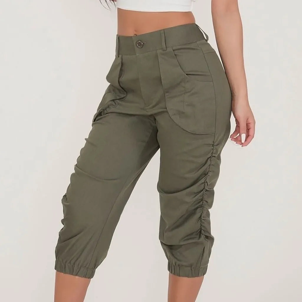 Elegant Style Women's Relaxed Fit Ruched 3/4 Fashion Designer Cargo High Waist Pants